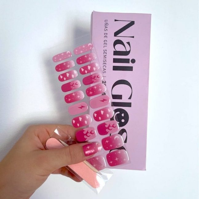 Pegatinas gel uñas semicuradas manicura rosa fantasia
